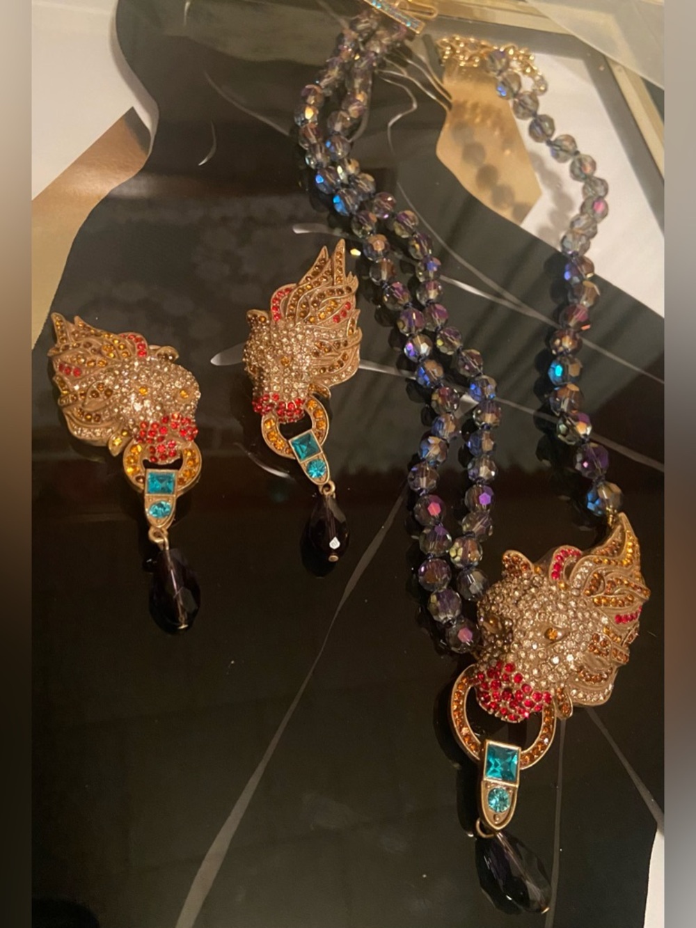 Blingy Crystal Lion Pendant Necklace & Earrings Set in Multi-Color by K9